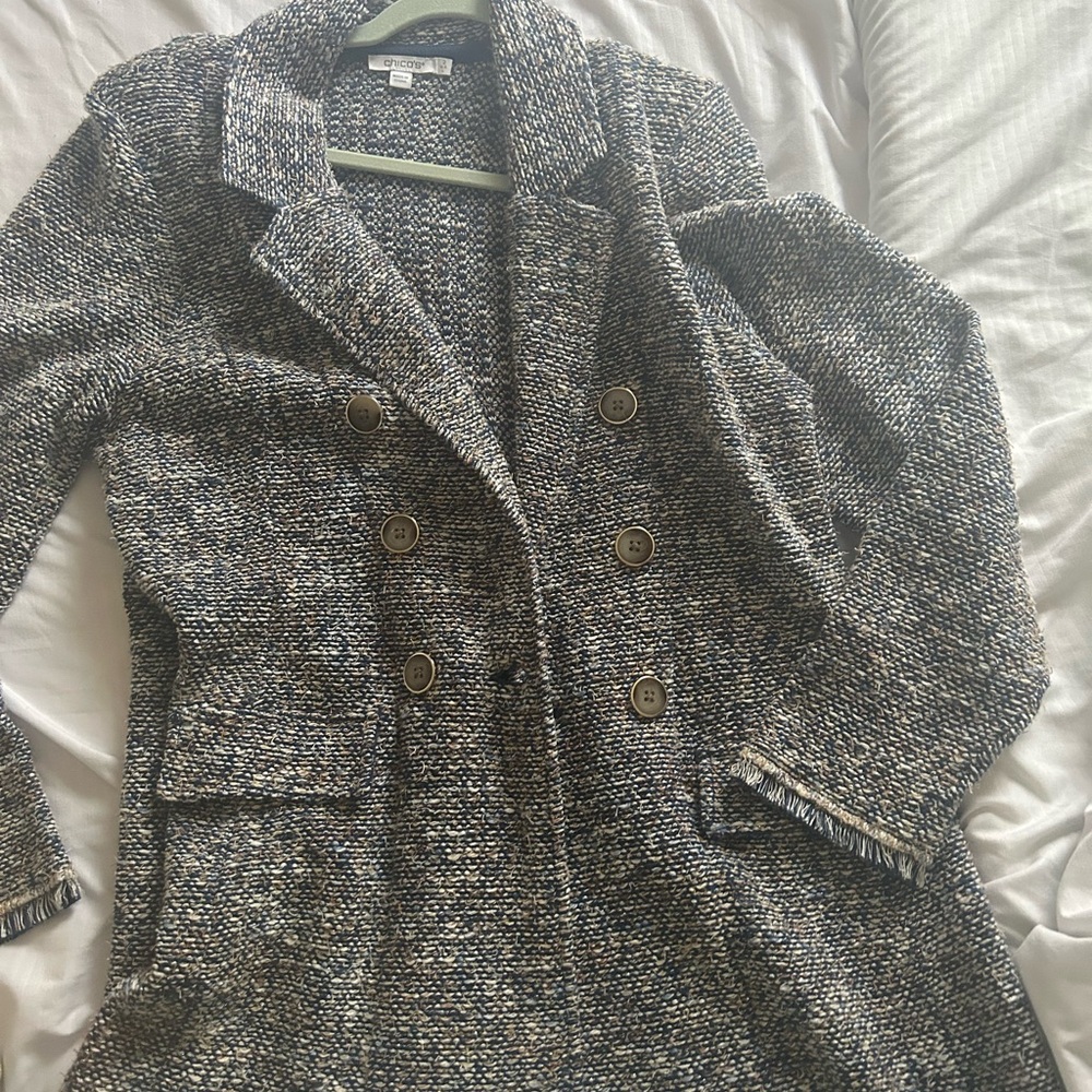 Chico's Blue and Gray with white and tan Tweed Blazer